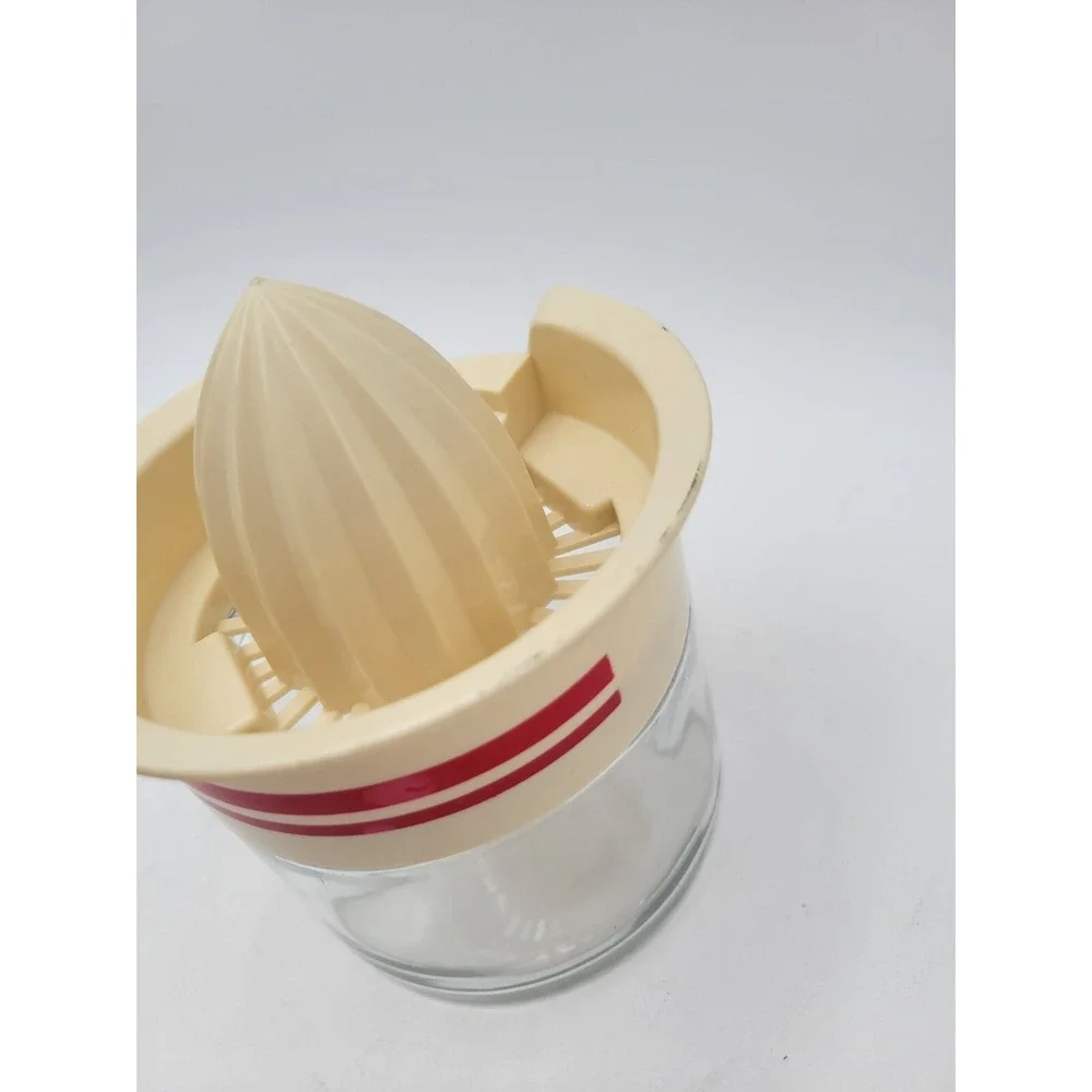 Gemco USA Manual Citrus Lemon Orange Juicer Glass Jar Plastic Lid Stripes